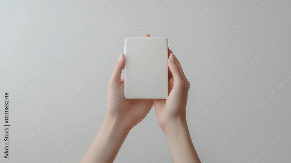 Wall mural hands of a woman holding a white tablet, on a white background.