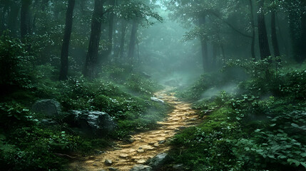 Obraz premium Misty forest path surrounded by lush greenery and soft light.