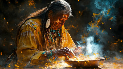 An elder performing a traditional ritual with smoke and light.