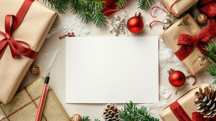 Top view of a Christmas greeting card A4 white paper framed with ornaments on a white background.