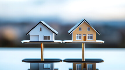 Symbolic illustration of two model houses, one white and one orange, balanced on scale, representing concept of choice in home buying
