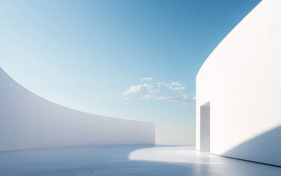 a white architectural structure with a curved, undulating surface, set against a clear blue sky. The structure appears modern and minimalist.
