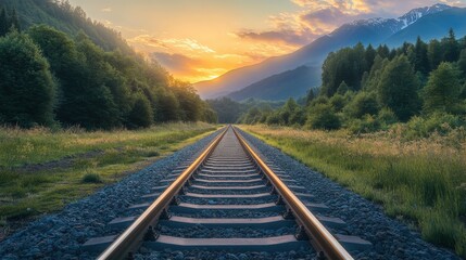 Fototapeta premium Railroad Tracks Through Lush Forest at Sunset with Mountain View