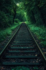 Obraz premium Railroad Tracks Through Lush Green Forest Nature Travel Pathway