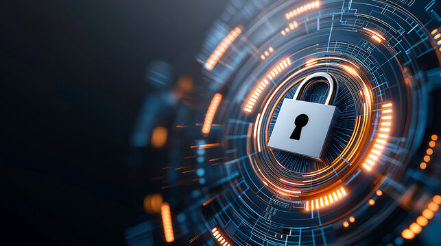 closed padlock symbolizes security and protection in digital environment, surrounded by glowing circuits and data patterns. This conveys sense of safety and technological advancement