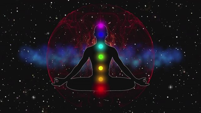 male shape sits in meditation, cyclical 3D aura animation: visualization of chakras, energy, and light for meditation, seamless loop animation