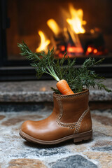 Childrens shoe and pepernoten for Sinterklaas and carrot for horse treat stands in front of hot fireplace. Celebration concept for children party in Saint Nicolas day five december.