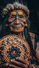 Obraz premium Elder Indigenous Woman with Traditional Face Paint and Woven Basket Symbolizing Heritage and Craftsmanship