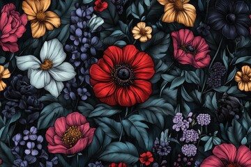 Colorful Flowers on Black Background