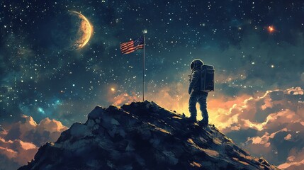 Astronaut standing on a distant planet with a flag with stars and alien landscape in the background new beautiful stock image illustration AI