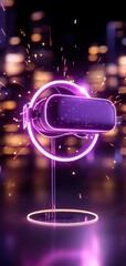 Obraz premium Futuristic virtual reality headset with neon lighting and spark effects.