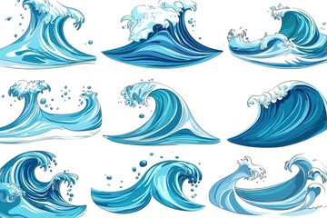 A set of cartoon-style ocean waves with different forms and dynamic movement, isolated against white background. Ideal for designs related to water, marine life, and surfing.