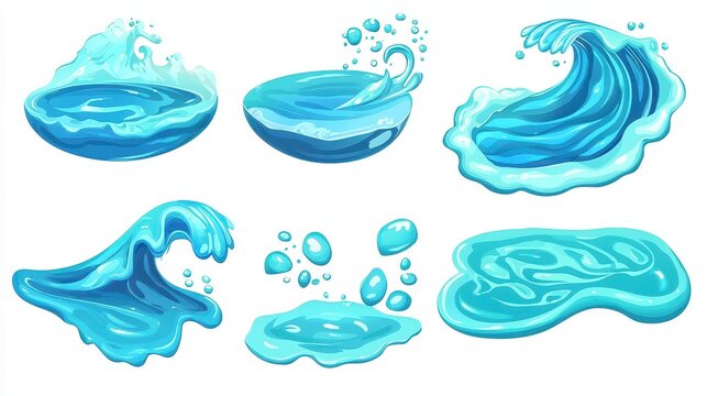 A set of cartoon-style ocean waves with different forms and dynamic movement, isolated against white background. Ideal for designs related to water, marine life, and surfing.