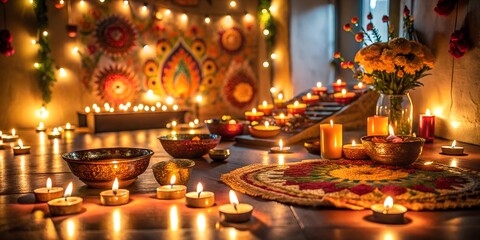 Obraz premium A dark room illuminated by flickering candles creates an intimate atmosphere filled with warmth and tranquility, ideal for peaceful evenings and celebrations