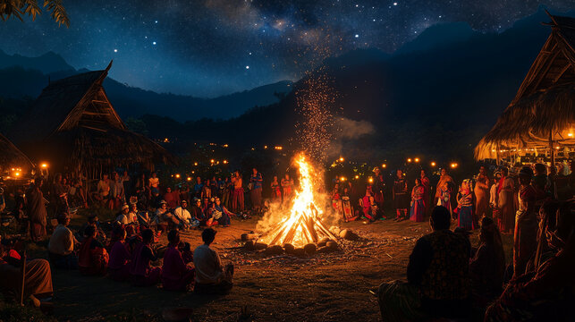 Hornbill Festival at night, a large bonfire burning in the middle, participants in traditional clothes gather around the bonfire, Ai generated images
