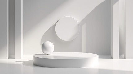 Fototapeta premium a white ball on a white surface, with a shadow and a reflection on the surface.