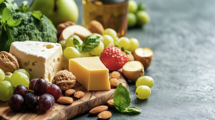 Colorful cheese platter with fresh fruits and nuts