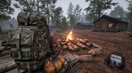 A Person Sitting by a Campfire in a Rainy Forest Clearing