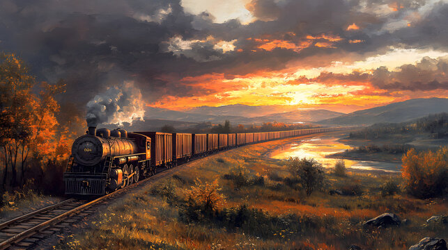 Industrial Cargo Train Series - Dynamic Paintings of Freight Movement, Epic Cargo Train Journey - Artistic Collection of Freight Train Paintings, Vibrant Series of Freight Transport Art Cargo Train.