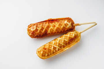 solated Corn Dog with Ketchup Mustard on White Plate with Cola Fast Food Snack