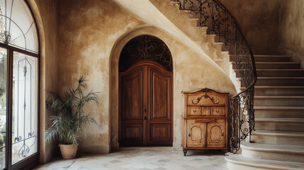 Foyer featuring staircase, wooden dresser with vase, and venetian stucco wall with arched doorway. Modern living room interior with door and armchair 3d rendering design interior furniture room.