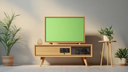 Retro tv set with blank green screen mockup on wooden table. Generative AI.