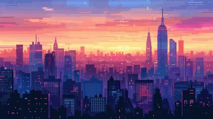 Fototapeta premium Pixelated Cityscape at Sunset: Vibrant Colors Reflecting Urban Skyline in Low-Res Art Style