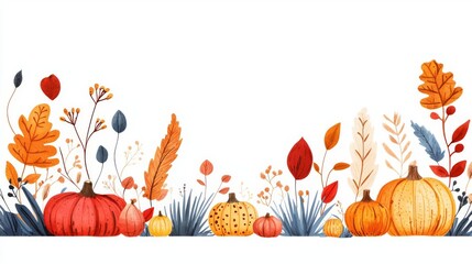 Fototapeta premium A vibrant autumn scene featuring colorful pumpkins, leaves, and botanical elements, perfect for seasonal designs and decorations.