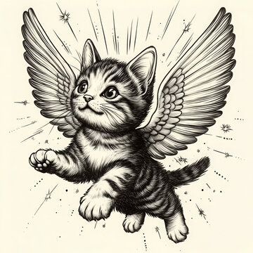 recommend clip art: winged flying cat, featuring intricate details and a whimsical fantasy design sketch engraving generative ai fictional character  illustration. Scratch board imitation. Black and white image.
