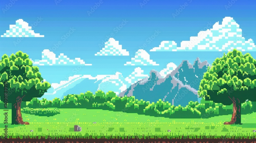 Wall mural 8-bit pixelated landscape: green hills and blue sky for gaming posters and ads