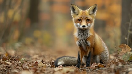 Fototapeta premium fox sits attentively in the woods 