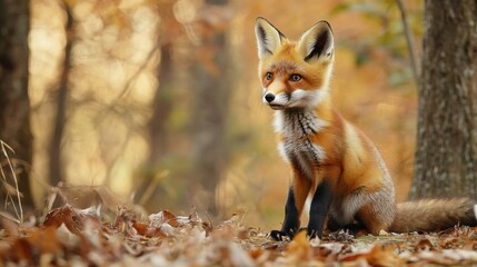 Fototapeta premium fox sits attentively in the woods 