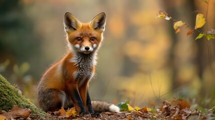 fox sits attentively in the woods 