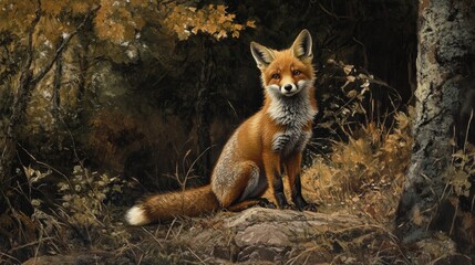 Naklejka premium fox sits attentively in the woods 