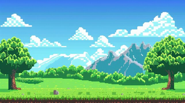 8-Bit Pixelated Landscape: Green Hills and Blue Sky for Gaming Posters and Ads - Powered by Adobe