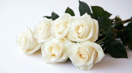 Naklejka premium Elegant bouquet of pristine white roses with lush green leaves, symbolizing purity and love, perfect for weddings, anniversaries, or romantic gestures.