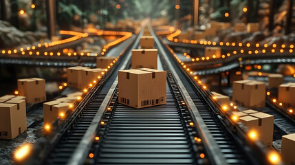 A conveyor belt lined with cardboard boxes in a forest setting.