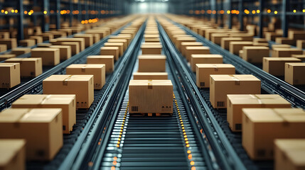 A vast array of cardboard boxes on conveyor belts in a warehouse.