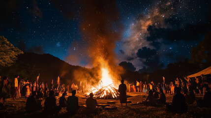 Hornbill Festival at night, a large bonfire burning in the middle, participants in traditional clothes gather around the bonfire, Ai generated images