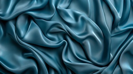 Fototapeta premium Luxurious teal silk fabric with soft folds and creases, creating a sensual and elegant texture. Close-up view showcases the smooth, glossy surface of the material.