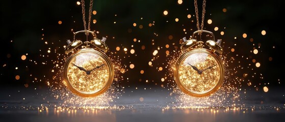 Vintage pocket watches with sparkling effects on a dark background.