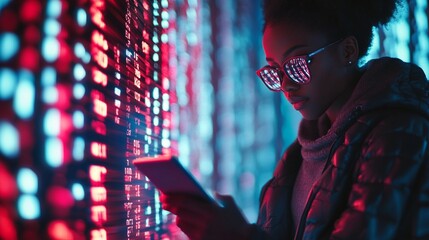Cyberpunk-inspired portrait of a woman using a digital device amidst glowing red and blue lights, creating a futuristic atmosphere of technology and data.
