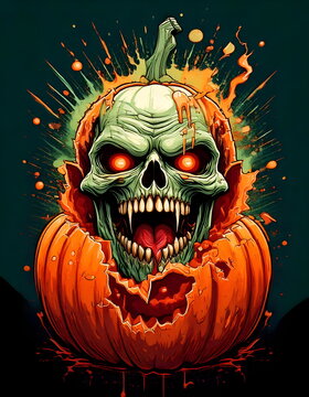 cabeza de monstruo vampiro humano zombie con arrugas y grandes colmillos saliendo de calabaza