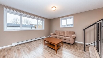 Fototapeta premium Stylish basement retreat featuring light wood floors, modern decor, and a cozy atmosphere for relaxation and entertaining