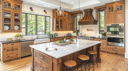 Rustic Luxury Kitchen With Large Island, Farmhouse Sink, And Professional-Grade Appliances.