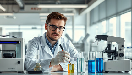 Fototapeta premium Portrait of a male laboratory assistant making analysis with test tubes and analyzer machines sitting at the modern laboratory isolated with white highlights, png