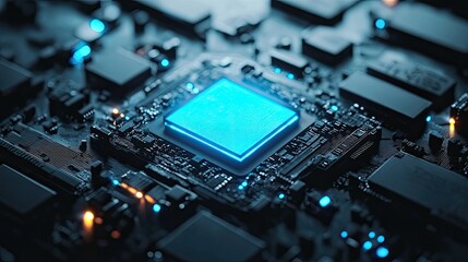 Fototapeta premium AI logo on a chip with blue light glowing against a dark