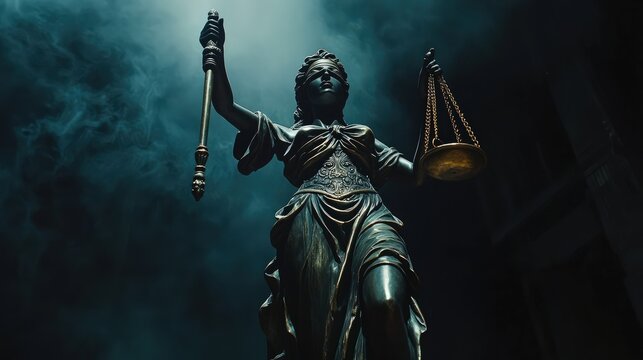 Lady Justice statue against a dark background, evoking themes fairness and judicial integrity in a compelling visual narrative.