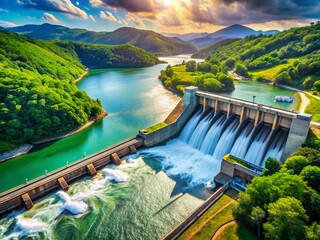 Fototapeta premium Renewable Energy Revolution: Reservoir Hydropower Plant Generating Electricity During Daylight