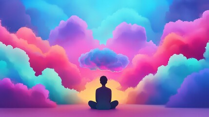Surreal image of a person meditating amidst colorful clouds, evoking peace, tranquility, and introspection in a vibrant atmosphere.